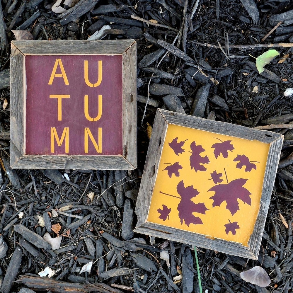 Autumn Maple Leaf Painted Wood Sign Set Rustic Crafted Fall Shelf Leaners